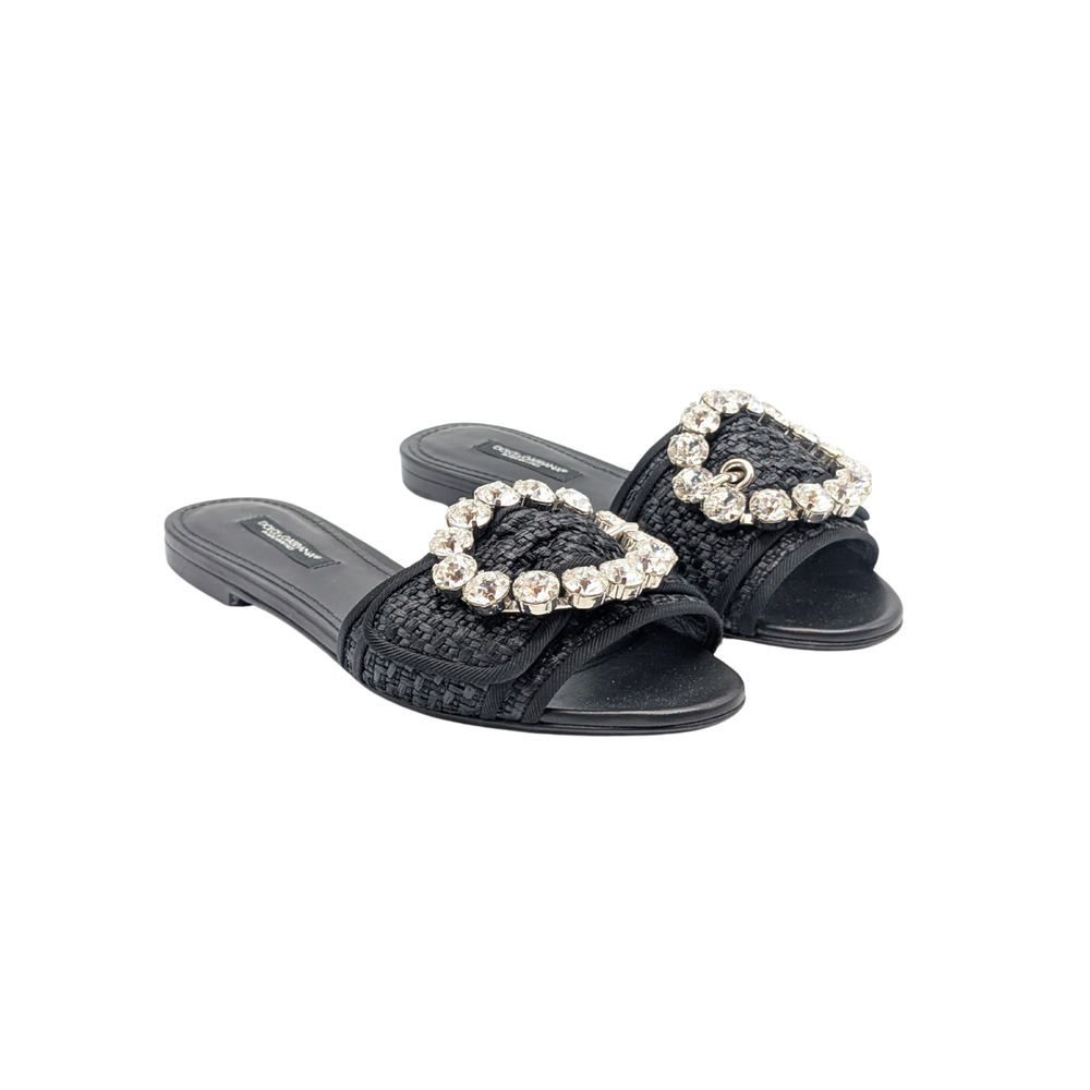 Dolce & Gabbana Crystal Jewel Buckle Black Raffia Slide Sandals Size 35.5